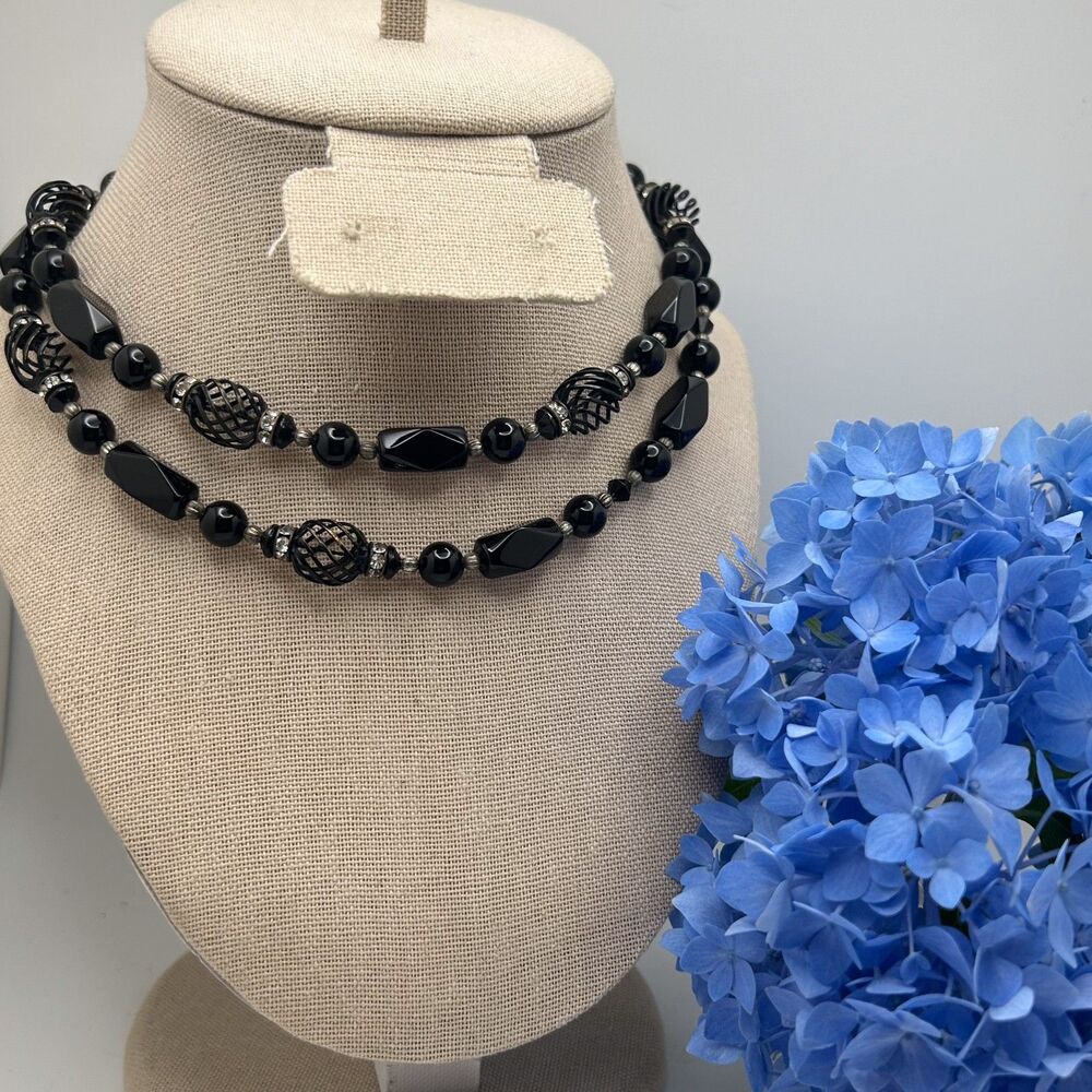 Vintage Black Glass Beaded 30" Long Necklace Sterling Silver Box Clasp